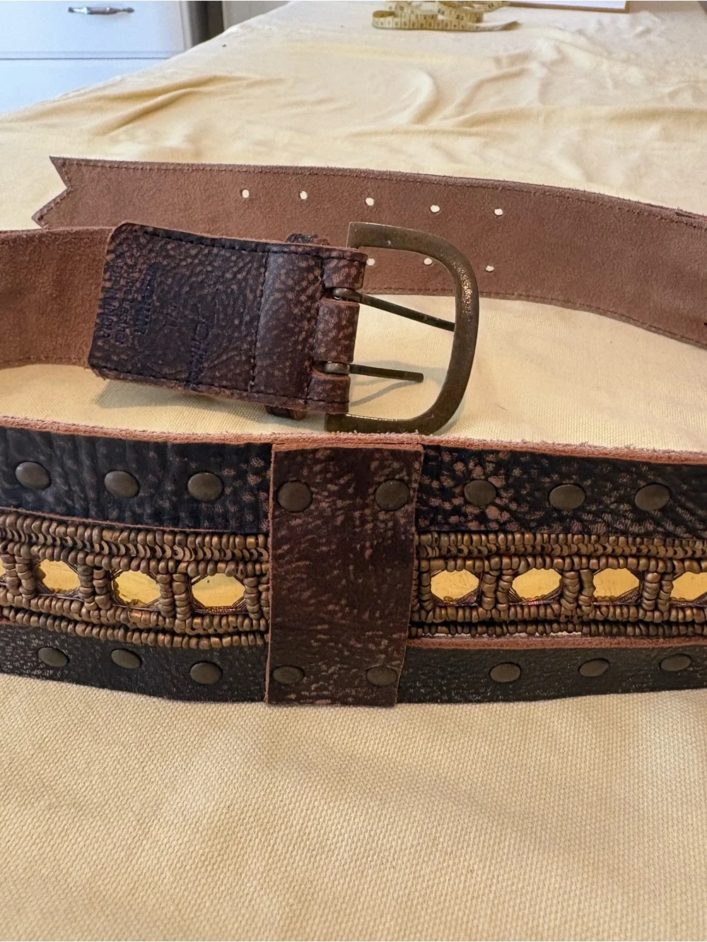 Brown Wide Boho Studded Embellished Hip Waist Belt 42”